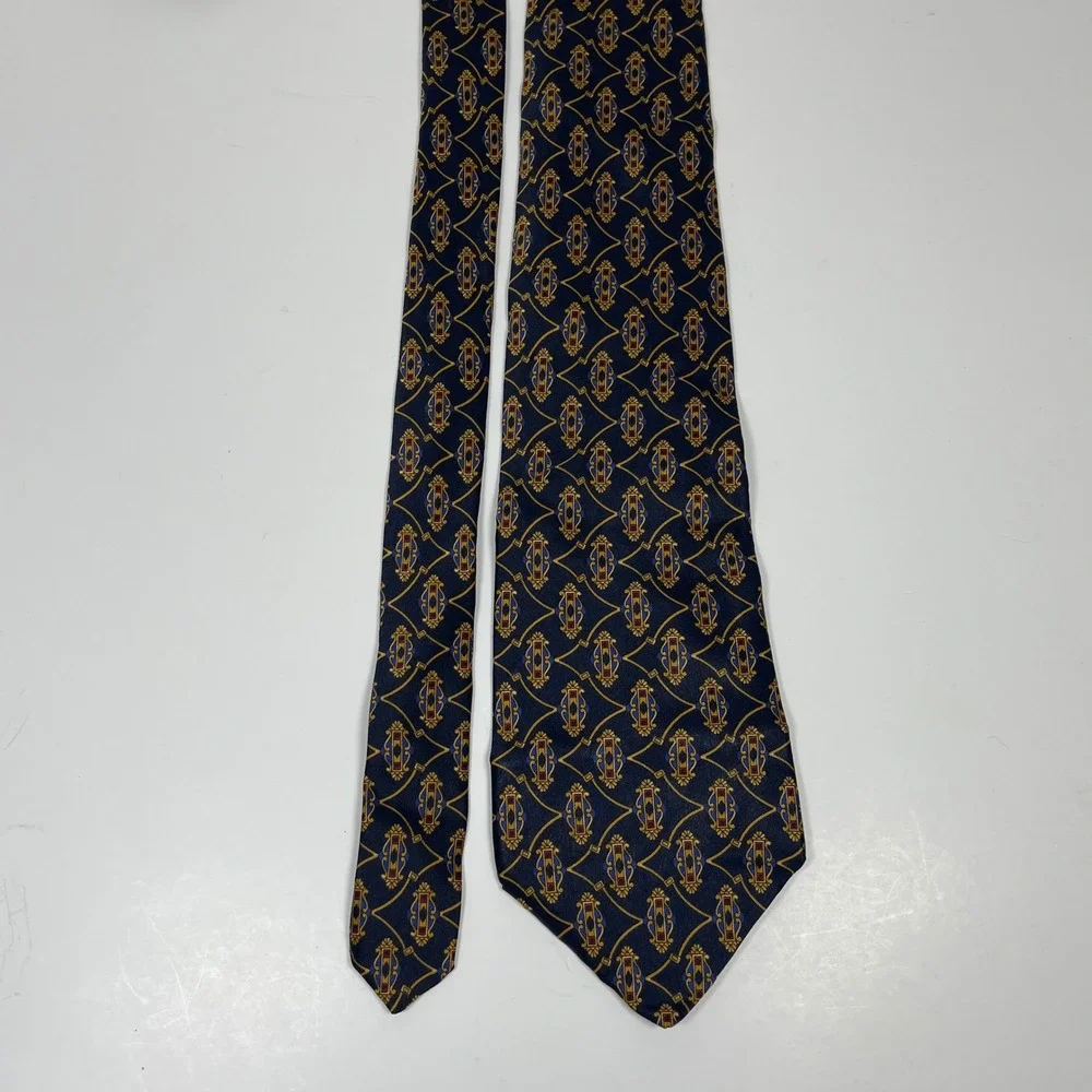 Vintage Domani Necktie Tie Navy Gold Geometric Medallion Italian Silk USA Made